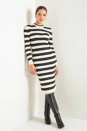 Lafaba Women's Ecru Crew Neck Striped Knitwear Dress