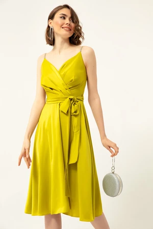 Lafaba Women's Pistachio Green Double Breasted Neck Midi Satin Evening Dress.