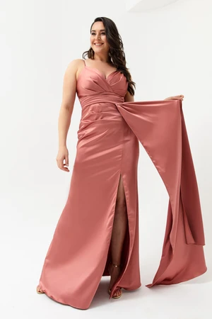 Lafaba Women's Salmon Plus Size Long Satin Evening Dress & Prom Dress