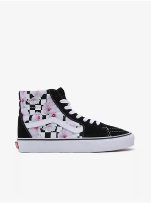 White and Black Women's Flowered Sneakers with Leather Details VANS SK8-Hi - Ladies