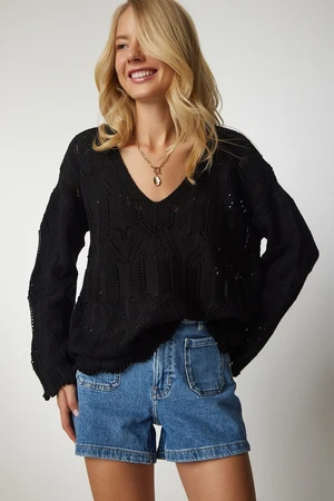 Happiness İstanbul Women's Black V-Neck Openwork Knitwear Sweater