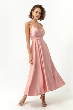 Lafaba Women's Pink Satin Midi Evening Dress with Rope Straps and Waist Belt & Prom Dress