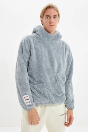 Trendyol Gray Unisex Oversized Hoodie with Label Detail, Double Pocket and Warm Plush Sweatshirt.