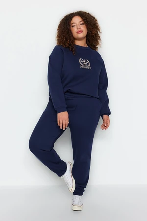 Trendyol Curve Navy Blue High Waist Jogger 3-Thread Marked Plus Size Sweatpants.