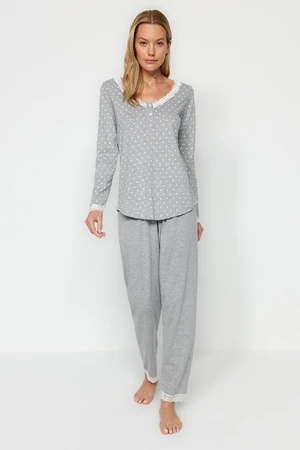 Trendyol Gray Cotton Polka Dot Lace Detailed Tshirt-Pants Knitted Pajamas Set