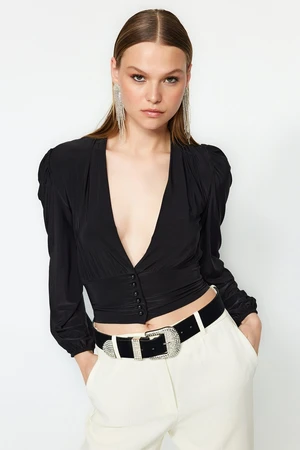 Trendyol Black Buttoned Deep V Neck Blouse