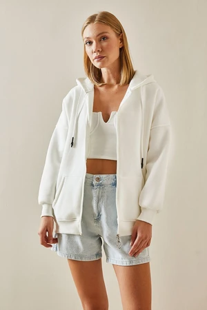 XHAN White Zippered Hooded Sweatshirt