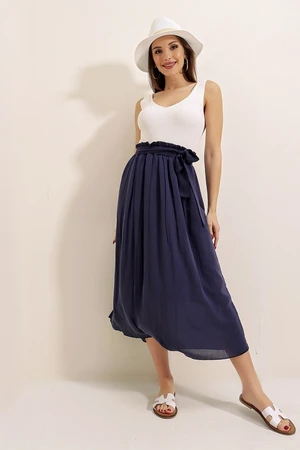 By Saygı Belted Waist and Lined Crepe Skirt Navy Blue