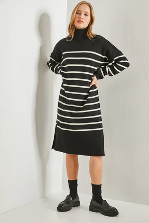 Bianco Lucci Women's V-Neck Striped Sweater Dress with Side Slits.