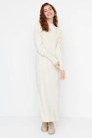 Trendyol Stones Crewneck Knitwear Dress With Smocking On The Shoulders