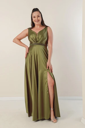 By Saygı V-Neck Plus Size Satin Dress with Thick Straps and Beaded Lined Waist