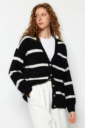 Trendyol Black Wide Fit Soft Textured Striped Knitwear Cardigan