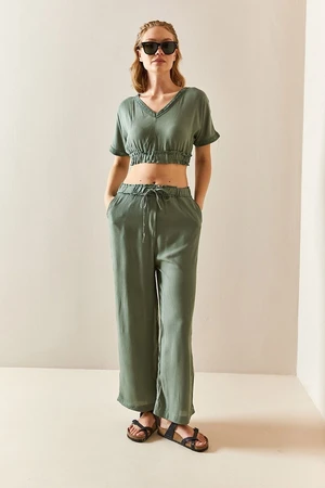 XHAN Mint V-Neck Textured Crop Suit