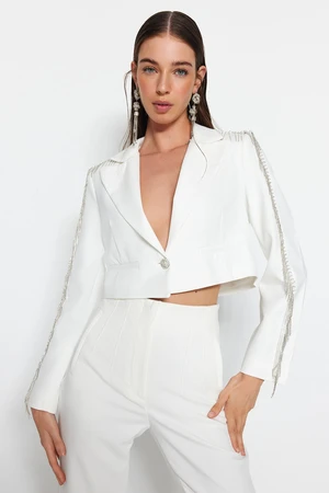 Trendyol Ecru Crop Woven Lined Shiny Stone Jacket