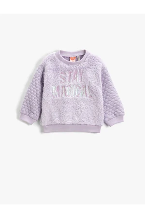 Koton Plush Sweatshirt. Quilted, Shimmering Applique Detail, Long Sleeved Crew Neck.