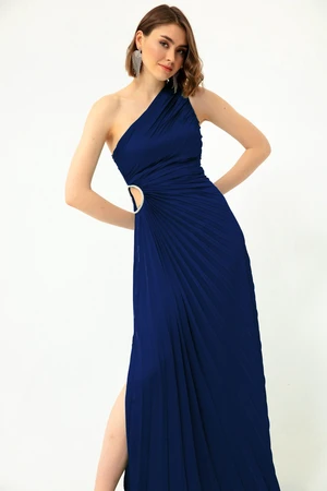 Lafaba Women's Navy Blue One-Shoulder Decollete Long Evening Dress.