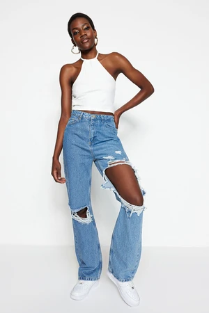 Trendyol Blue Ripped Detailed High Waist Wide Leg Jeans.