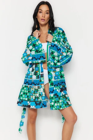 Trendyol Floral Pattern Belted Mini Woven 100% Cotton Kimono & Kaftan