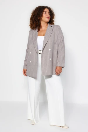 Trendyol Curve Grey Striped Double Closure Double Breasted Closure Lined Plus Size Woven Jacket