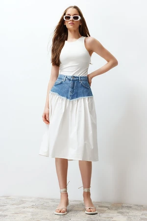 Trendyol Blue Color Block High Waist Midi Denim Skirt