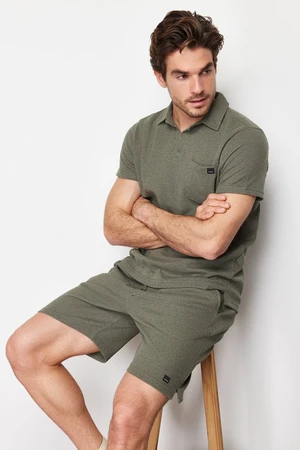 Trendyol Khaki Regular/Normal Cut Polo Collar Labeled T-Shirt Shorts Tracksuit Set