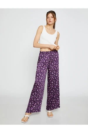 Koton Wide Leg Trousers with Satin Flowers. Elastic Waist, Pockets.