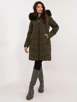 Khaki long winter jacket with stitching