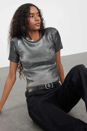 Trendyol Grey Crop Foil Crew Neck Knitwear Sweater