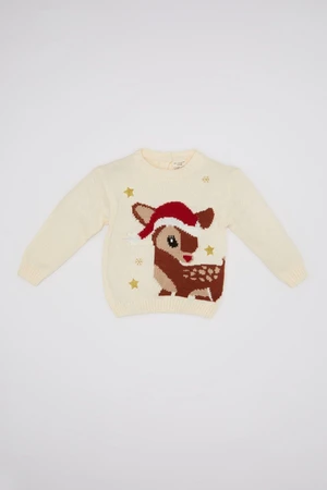 DEFACTO Baby Girl Beige Crew Neck Christmas Themed Knitted Sweater