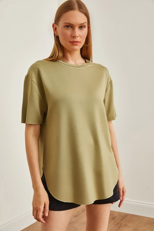 Olalook Women's Khaki Modal Buttoned Soft Texture Six Oval T-Shirt