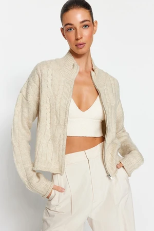 Trendyol Stone Crop Soft Textured Zippered Hair Knitted Sweater Cardigan