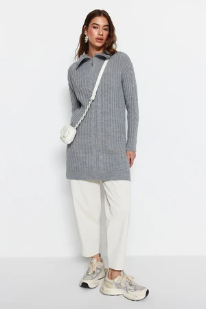 Trendyol Gray Thessaloniki Braided Zipper Knitwear Sweater