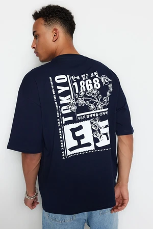 Trendyol Plus Size Navy Blue Oversize/Wide Cut Headlight East Printed 100% Cotton T-Shirt