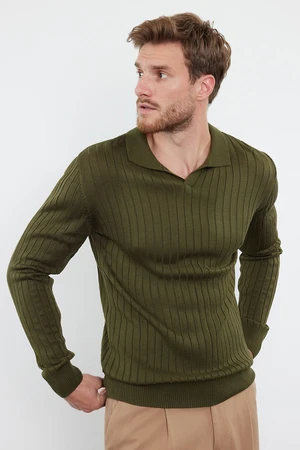 Trendyol Khaki Slim Slim Fit Polo Collar Plain Knitwear Sweater