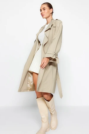 Trendyol Beige Oversize trenčkot širokého střihu s páskem