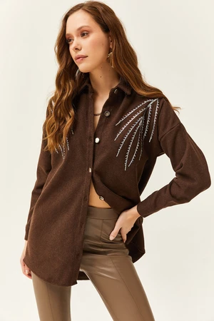 Olalook Women's Leaf Bitter Brown Stamp Detail Oversize Stamp Shirt