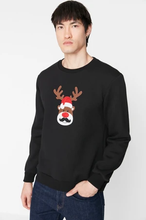 Trendyol Black Men's Regular/Real fit Crew Neck Christmas Theme with Embroidery Sweatshirt