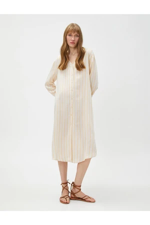 Koton V-Neck Midi Shirt Dress, Linen Blended