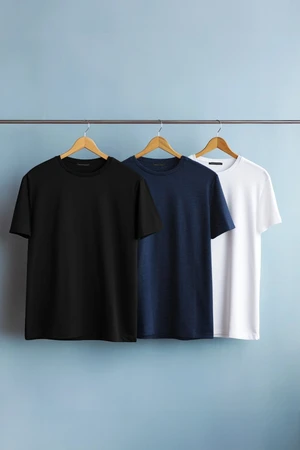 Trendyol Navy Blue-Black-White Basic Slim 100% Cotton 3-Pack T-Shirt