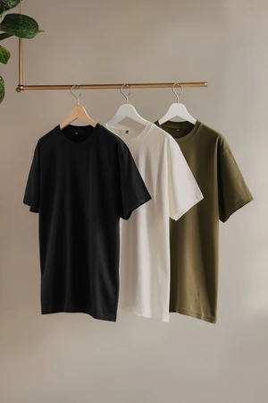 Trendyol Black-Stone-Khaki Large Size 3-Pack Regular Cut 100% Cotton T-Shirt