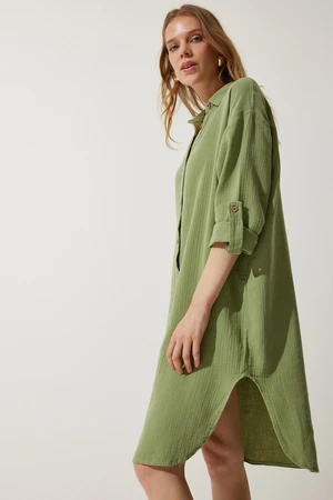 Happiness İstanbul Women's Almond Green Oversize Muslin Shirt Dress