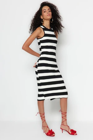 Trendyol Black and White Striped Fitted Crewneck Midi Knit Dress