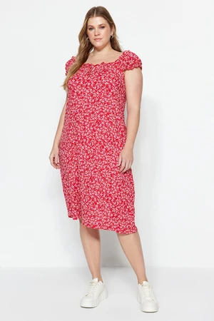 Trendyol Curve Red Floral Pattern Heart Neck Knitted Dress