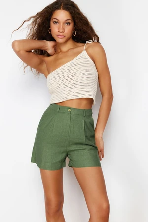 Trendyol Khaki Pleat and Pocket Detailed Cotton Linen Woven Shorts