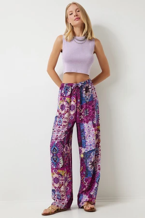 Happiness İstanbul Women's Plum Ecru Patterned Draped Viscose Palazzo Trousers