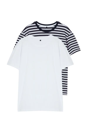 Trendyol White-Navy Blue Striped Regular/Normal Cut 2-Pack Short Sleeve T-Shirt