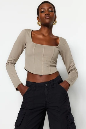 Trendyol Stone Piping Detail Square Neck Fitted/Situated Crop Interlock Knitted Blouse