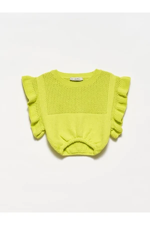 Dilvin 10176 Crop With Ruffle Sleeves Sweater-lime