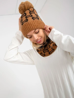 Women's camel and black winter hat with pompom