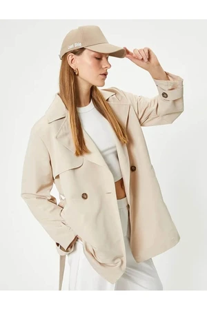 Koton Short Trench Coat Reverse Double Breasted Collar Belt Detail Pockets Wind Flap